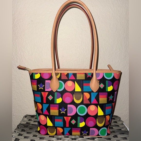 Dooney & Bourke Art Deco Black Multicolor Pebble Tote Shoulder Bag Leather Trim - Picture 7 of 16